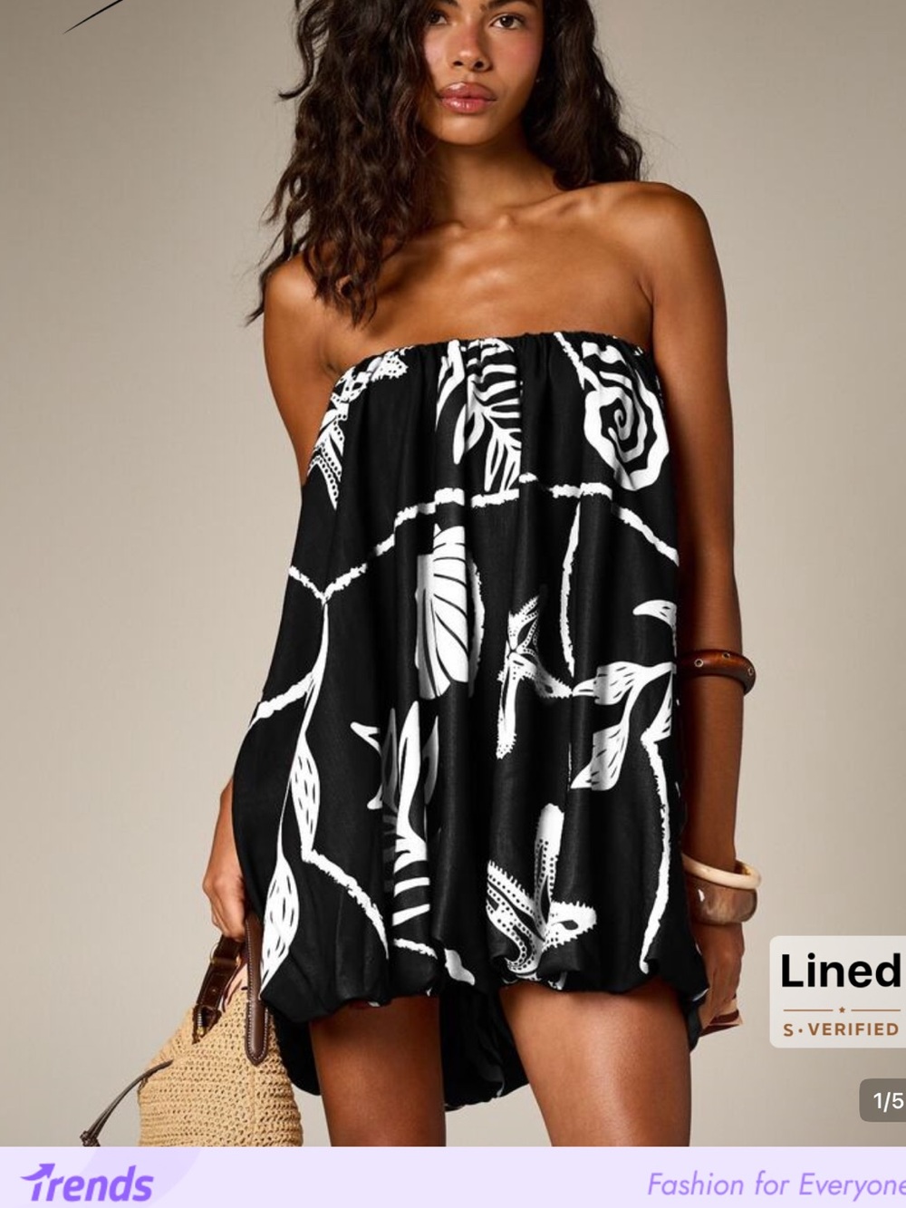 Black & White Strapless Floral Swim Cover-Up